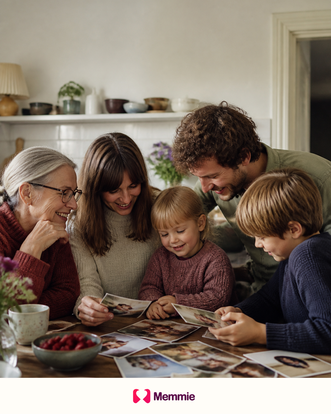 A multigenerational family looking through printed photographs together.