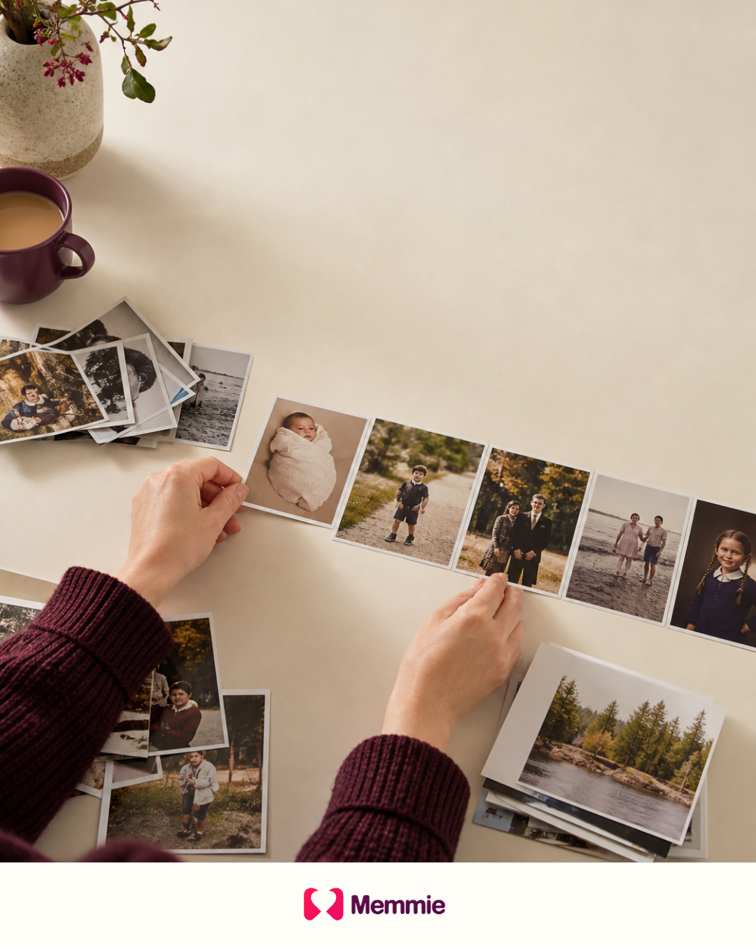 Printed family photographs being arranged into a visual timeline.