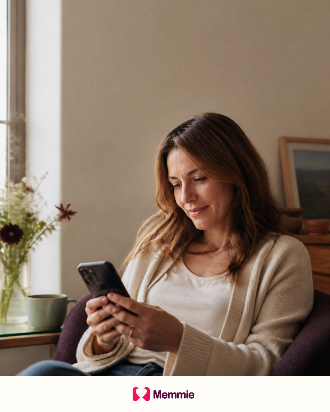 A woman privately reviewing family photographs on her phone.