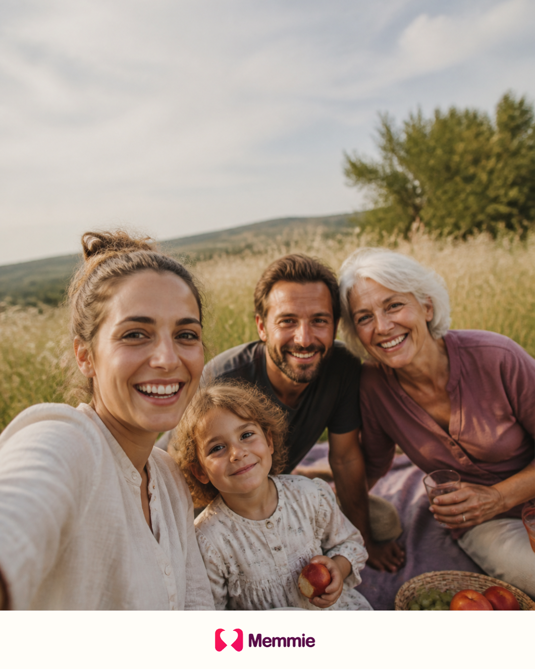 A family taking a spontaneous photograph during a summer picnic.