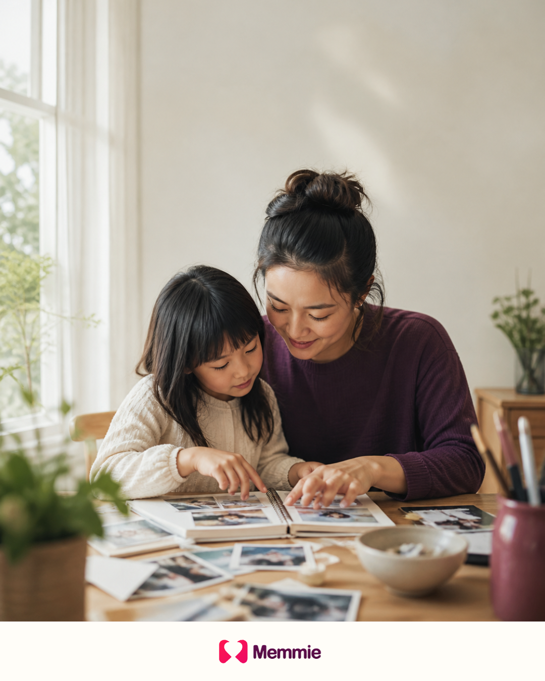 A parent and child making a family photo album together.