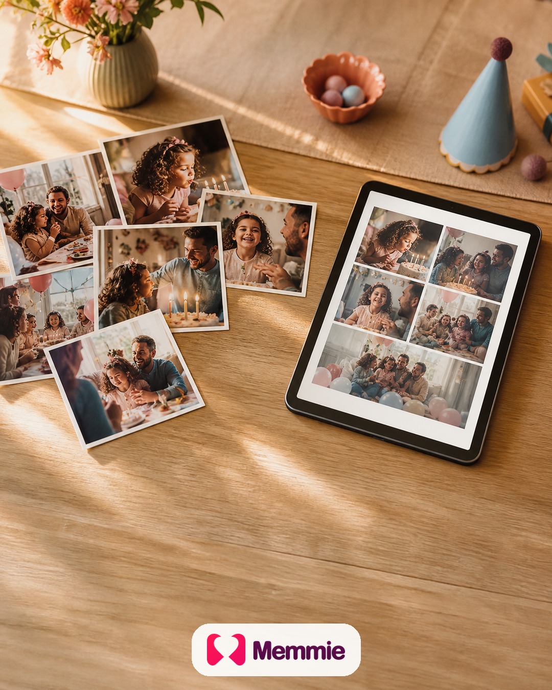 Fotografier fra en fødselsdag bliver samlet til et fælles familie Moment.