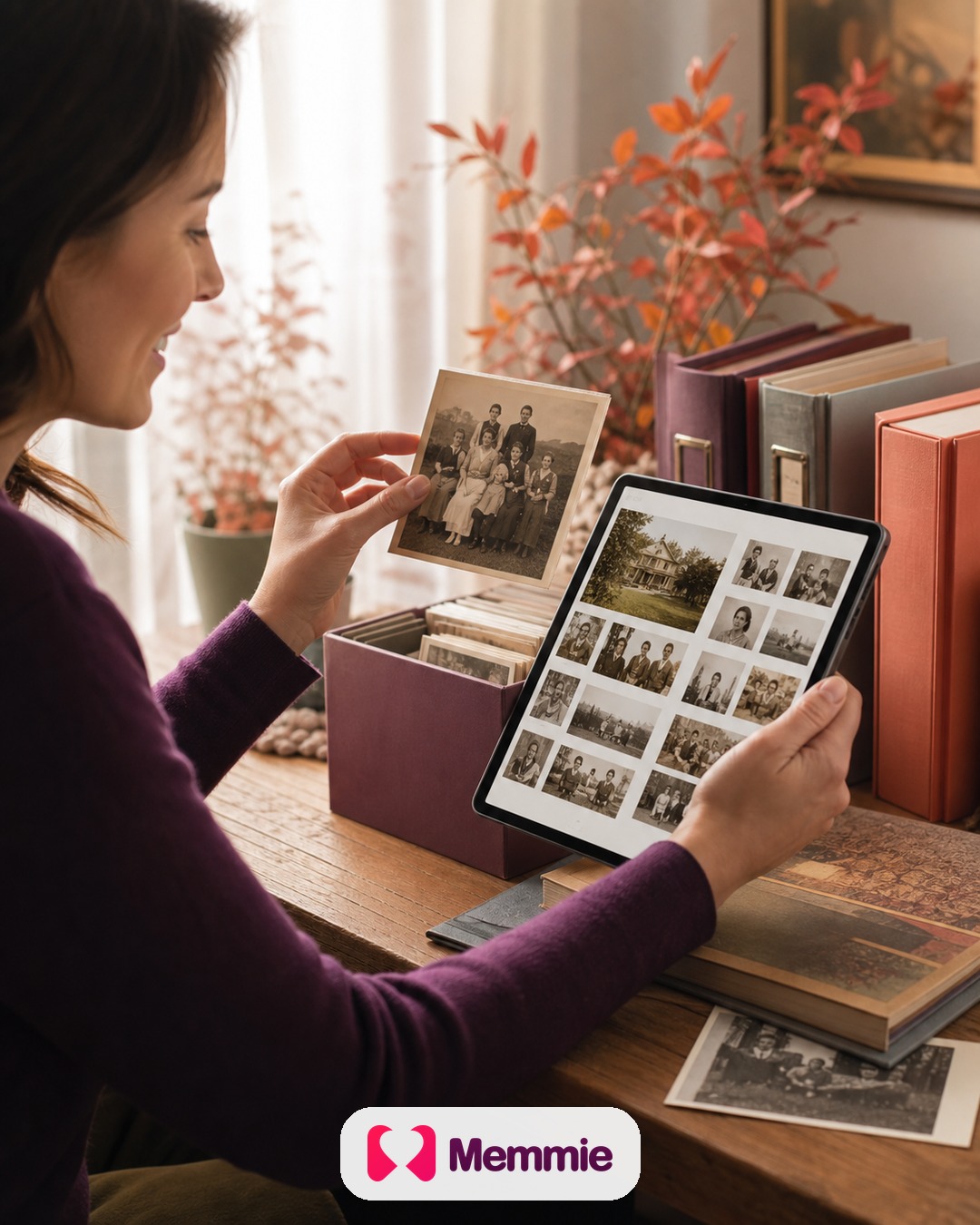 En kvinde genopdager et gammelt familiefotografi ved siden af ​​sit digitale arkiv.