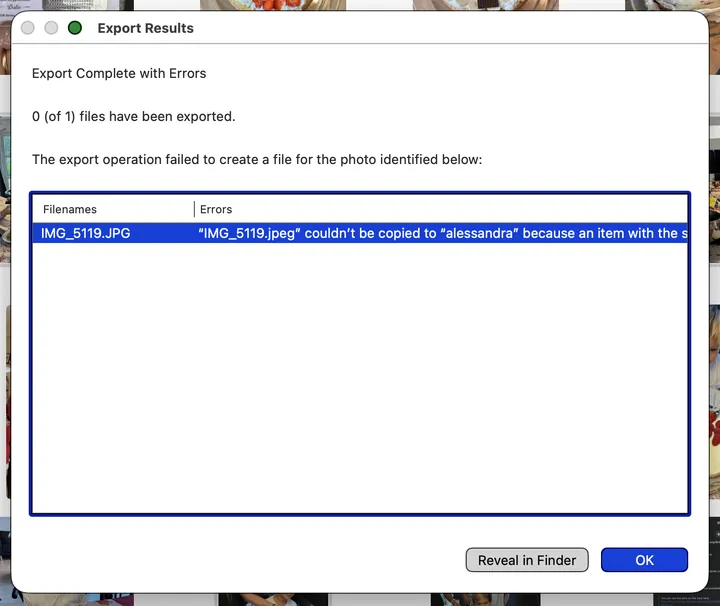 A computer photo export reporting that no files were exported because of an error