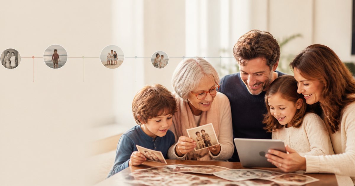 A family enjoying old photographs together