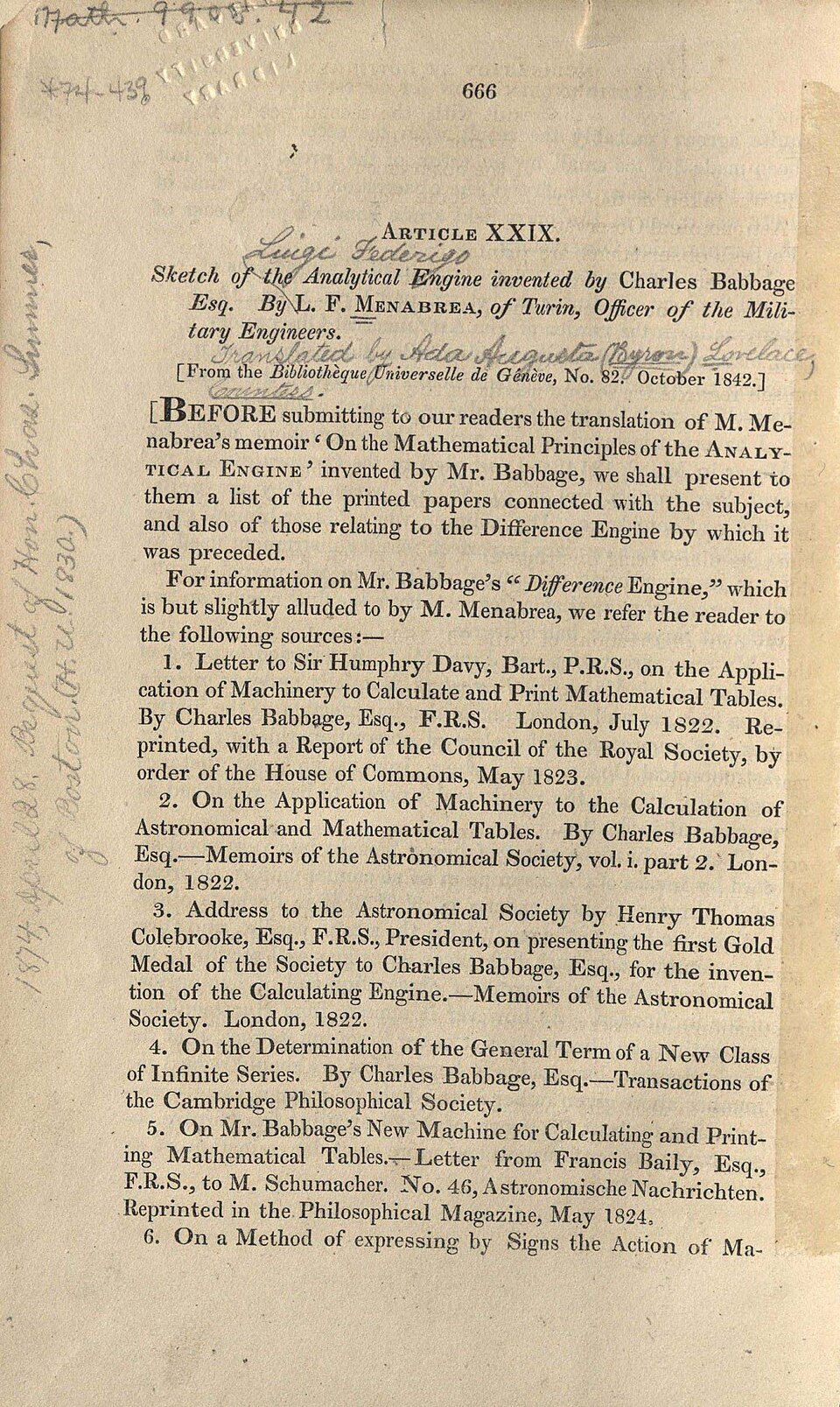 Notes on the Analytical Engine published
